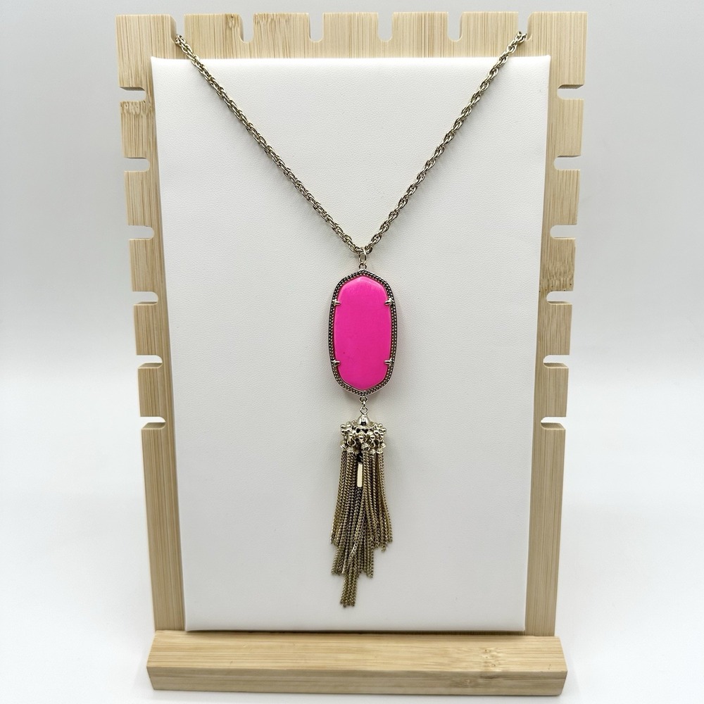 Kendra Scott Rayne Necklace Hot Pink Neon Tassel Pendant Long Goldtone Chain